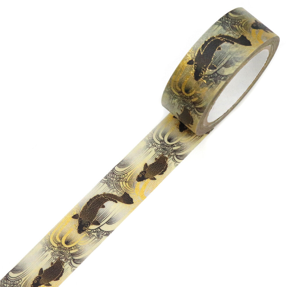 Kamiiso Sansyo 15mm Washi Tape - Kimono Koi Fish Black & Gold | Papermind Shop