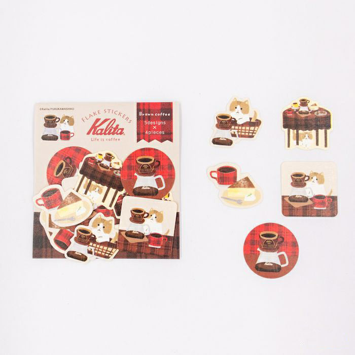 Furukawashiko Flake Stickers - Kalita Brown Coffee & Cat | Papermind Shop