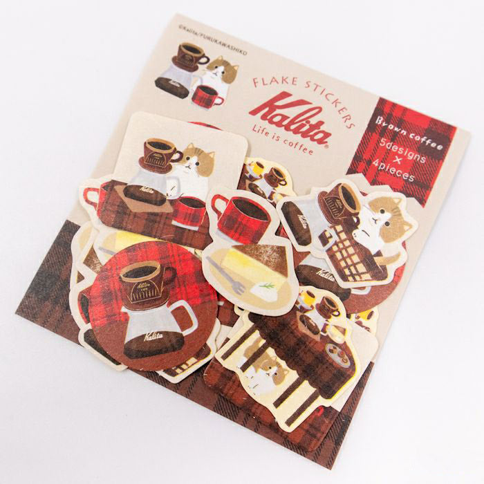 Furukawashiko Flake Stickers - Kalita Brown Coffee & Cat | Papermind Shop