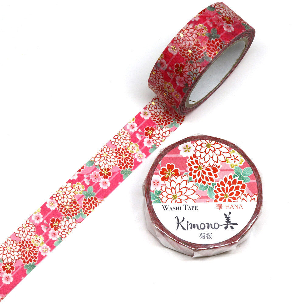 Kamiiso Sansyo 15mm Washi Tape - Kimono Chrysanthemum & Cherry Blossom | Papermind Shop