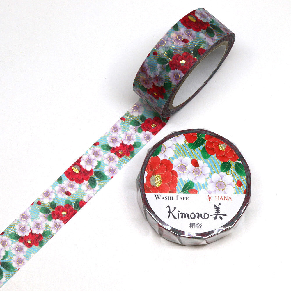 Kamiiso Sansyo 15mm Washi Tape - Kimono Camellia & Cherry Blossom | Papermind Shop