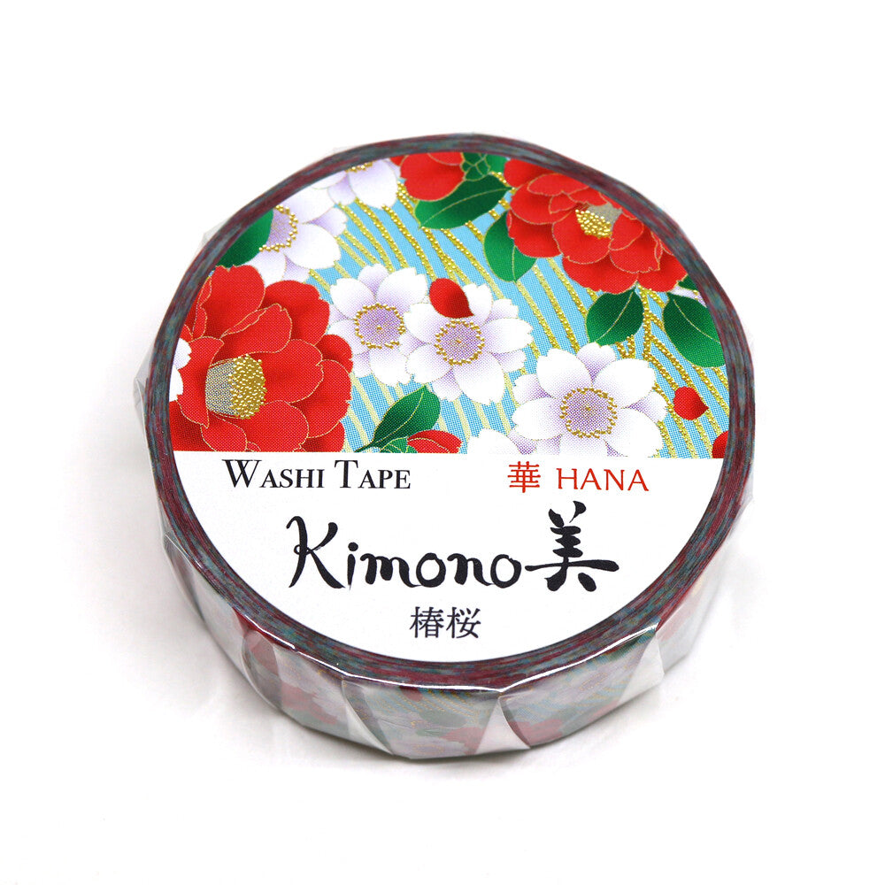 Kamiiso Sansyo 15mm Washi Tape - Kimono Camellia & Cherry Blossom | Papermind Shop