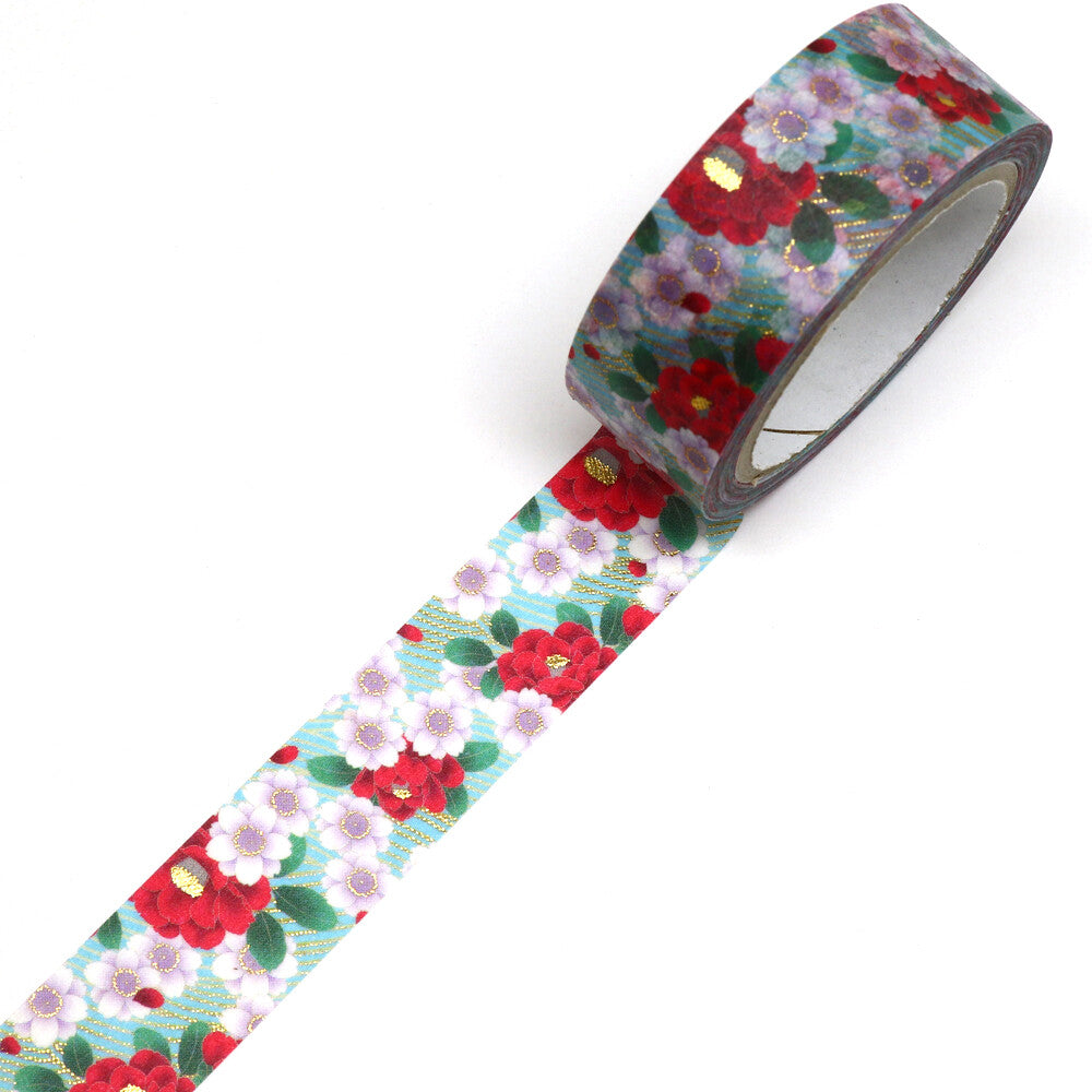 Kamiiso Sansyo 15mm Washi Tape - Kimono Camellia & Cherry Blossom | Papermind Shop