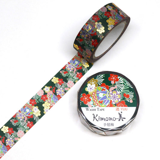 Kamiiso Sansyo 15mm Washi Tape - Kimono Japanese Temari Plum Flower | Papermind Shop