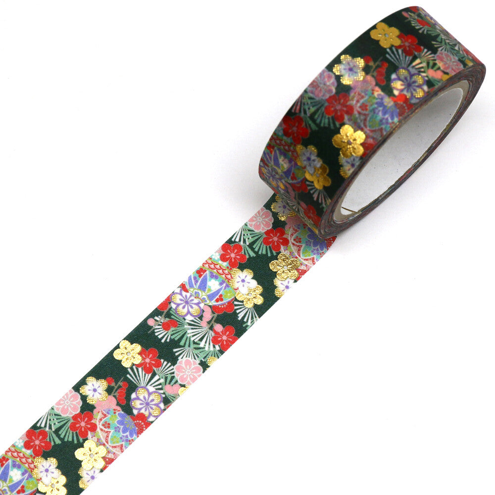 Kamiiso Sansyo 15mm Washi Tape - Kimono Japanese Temari Plum Flower | Papermind Shop