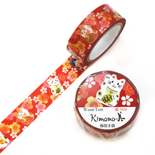 Kamiiso Sansyo 15mm Washi Tape - Kimono Plum Beckoning Cat | Papermind Shop