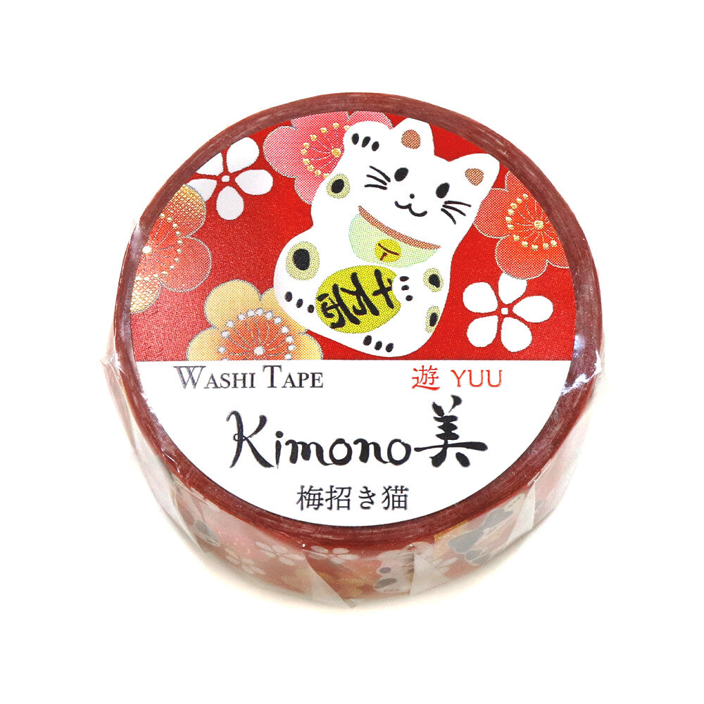 Kamiiso Sansyo 15mm Washi Tape - Kimono Plum Beckoning Cat | Papermind Shop