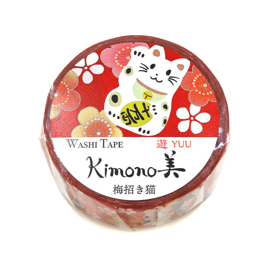 Kamiiso Sansyo 15mm Washi Tape - Kimono Plum Beckoning Cat | Papermind Shop
