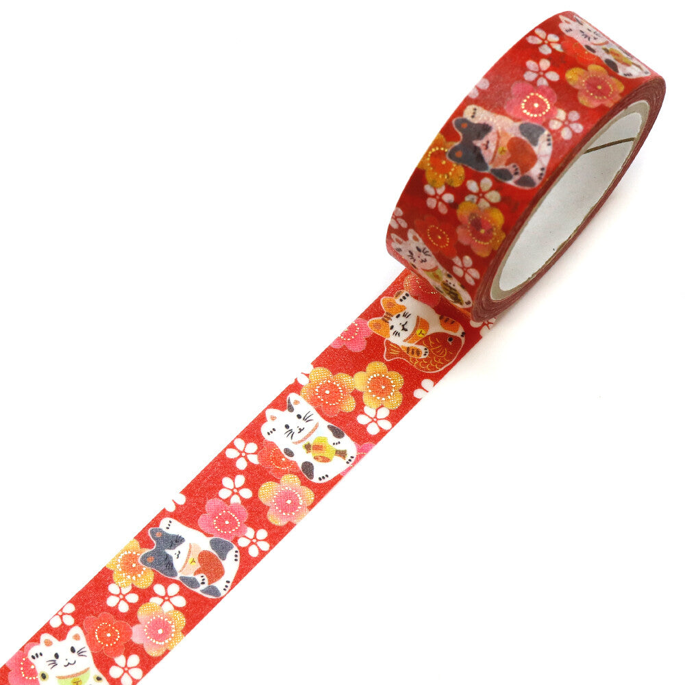 Kamiiso Sansyo 15mm Washi Tape - Kimono Plum Beckoning Cat | Papermind Shop