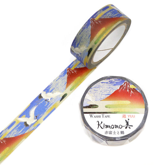 Kamiiso Sansyo 15mm Washi Tape - Kimono Red Fuji & Crane | Papermind Shop