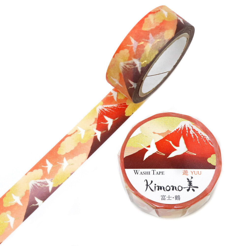 Kamiiso Sansyo 15mm Washi Tape - Kimono Fuji & White Crane | Papermind Shop