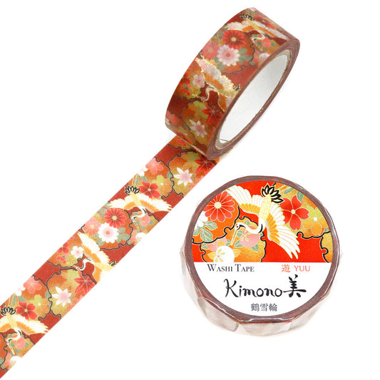 Kamiiso Sansyo 15mm Washi Tape - Kimono Crane Floral Circle | Papermind Shop