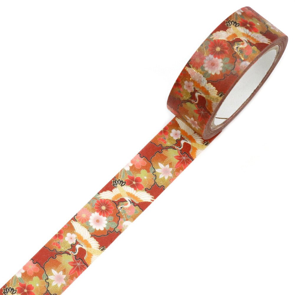 Kamiiso Sansyo 15mm Washi Tape - Kimono Crane Floral Circle | Papermind Shop