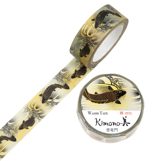 Kamiiso Sansyo 15mm Washi Tape - Kimono Koi Fish Black & Gold | Papermind Shop