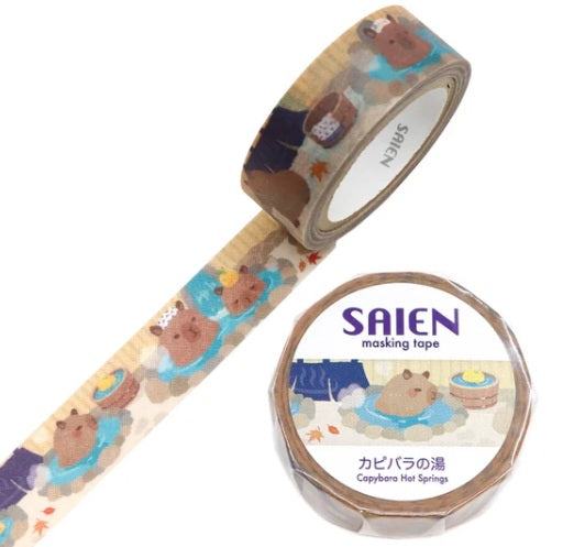 Kamiiso Saien 15mm Washi Masking Tape - Capybara in Hot Spring