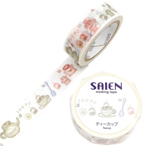 Kamiiso Saien 15mm Washi Masking Tape - Tea Cup Design