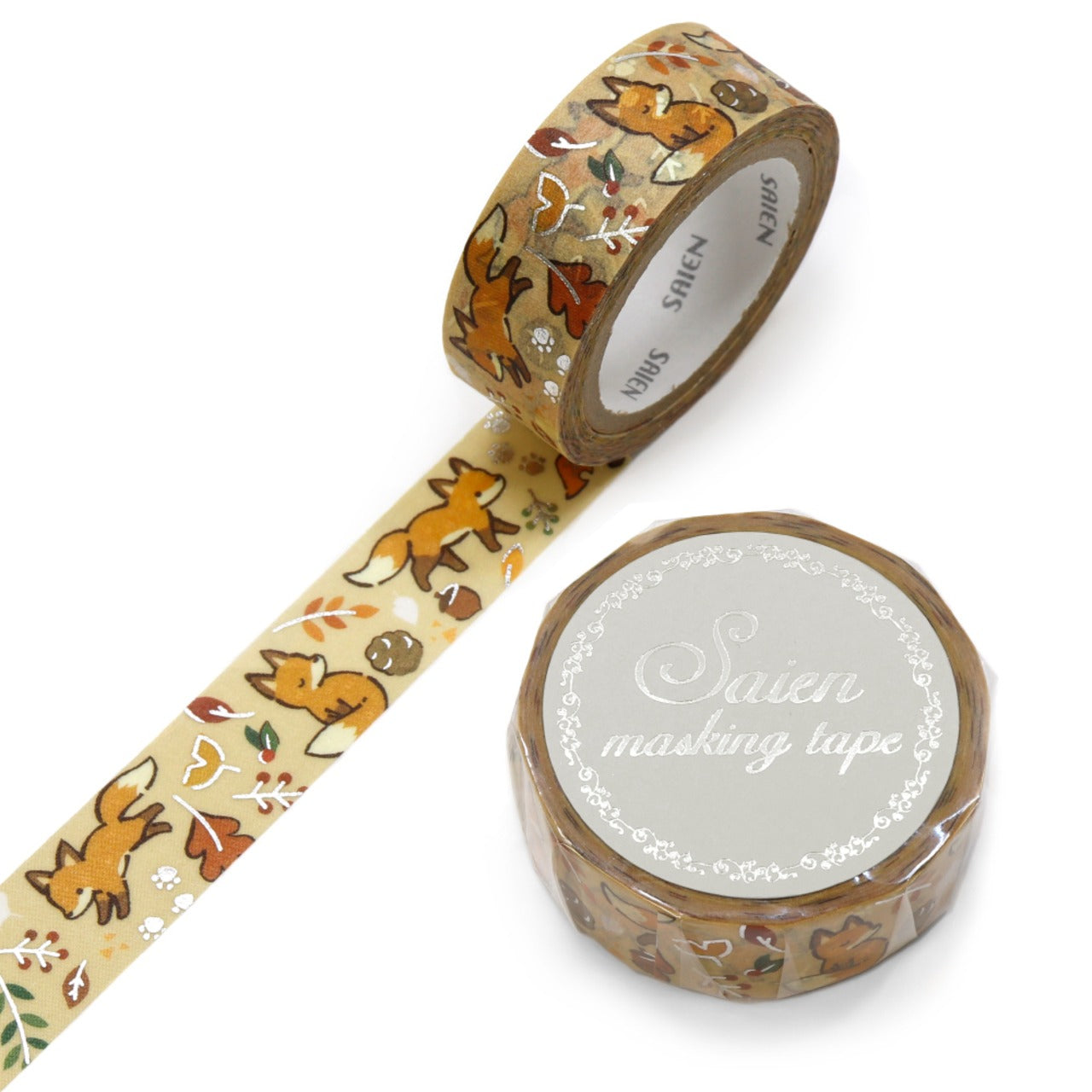 Kamiiso SAIEN Washi Masking Tape - Fox and Fallen Leaves, Silver Foil, 15mm x 7m roll