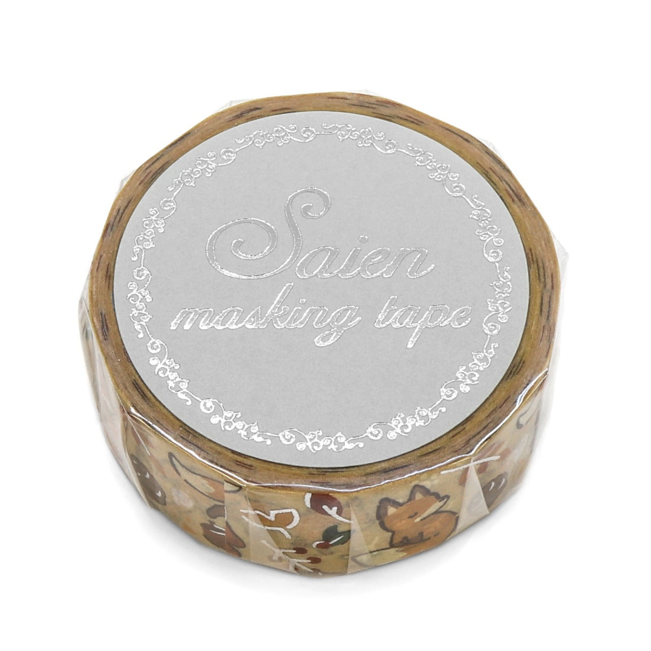 Kamiiso SAIEN Washi Masking Tape - Fox and Fallen Leaves, Silver Foil, 15mm x 7m roll