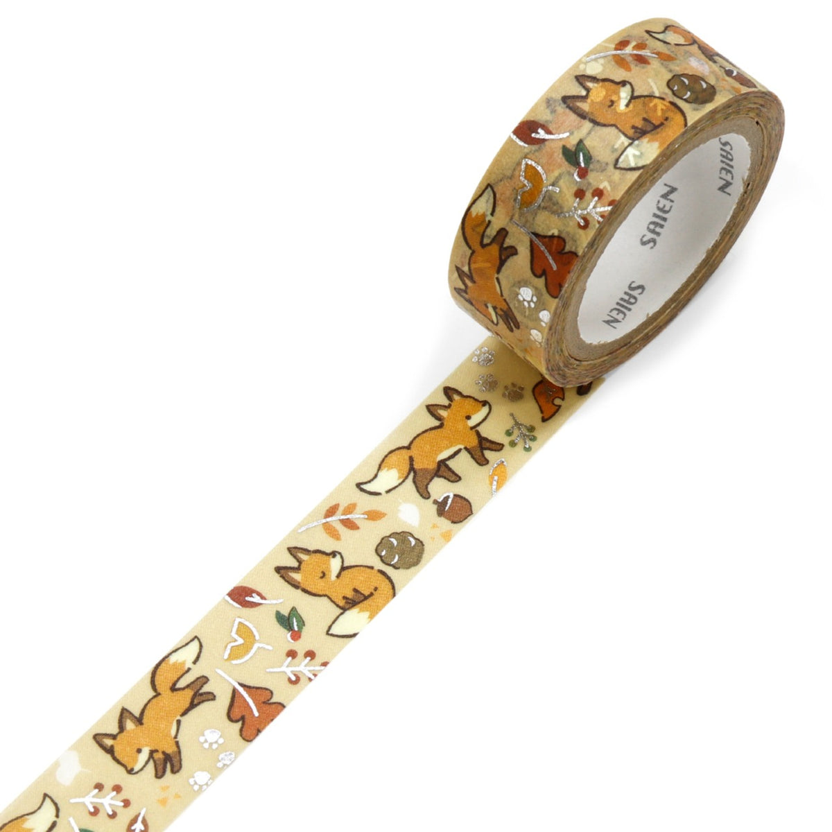 Kamiiso SAIEN Washi Masking Tape - Fox and Fallen Leaves, Silver Foil, 15mm x 7m roll