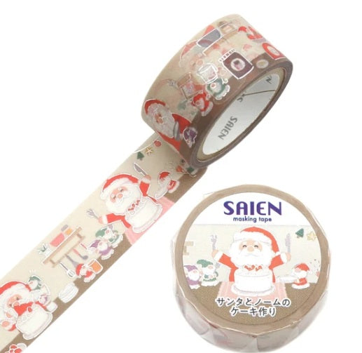 Kamiiso Saien 20mm Washi Masking Tape Silver Foiled [Winter2026] - Santa and Gnome Making a Cake | Papermind Shop