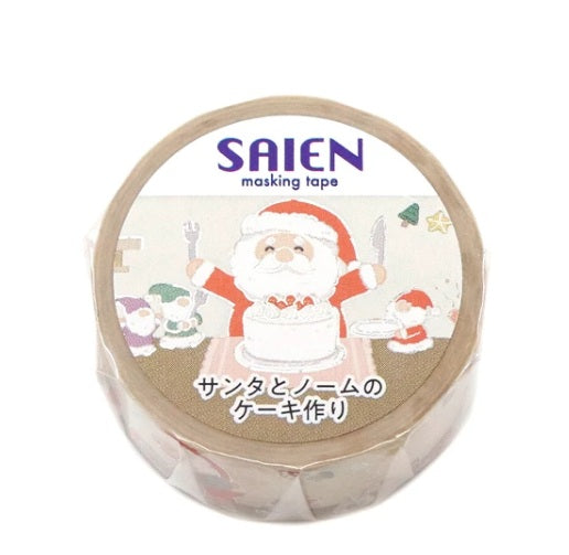 Kamiiso Saien 20mm Washi Masking Tape Silver Foiled [Winter2026] - Santa and Gnome Making a Cake | Papermind Shop