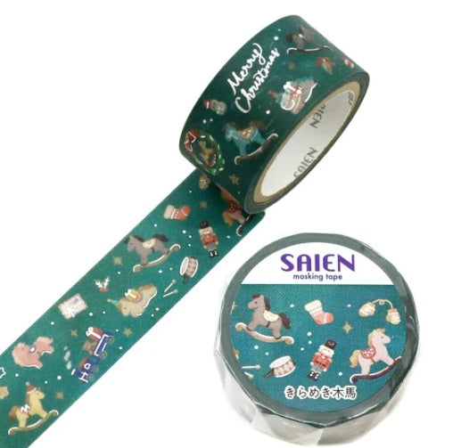 Kamiiso Saien 20mm Washi Masking Tape Silver Foiled [Winter2026] - Sparkling Rocking Horse | Papermind Shop