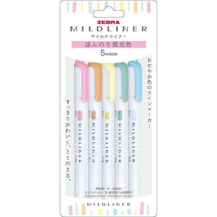 Zebra Mildliner Double-Sided Highlighter 5 Color Set - Faint Fluorescent Colors