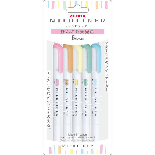 Zebra Mildliner Double-Sided Highlighter 5 Color Set - Faint Fluorescent Colors